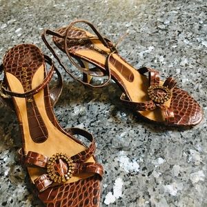 Brown embossed dressy sandals w/ jeweled trim